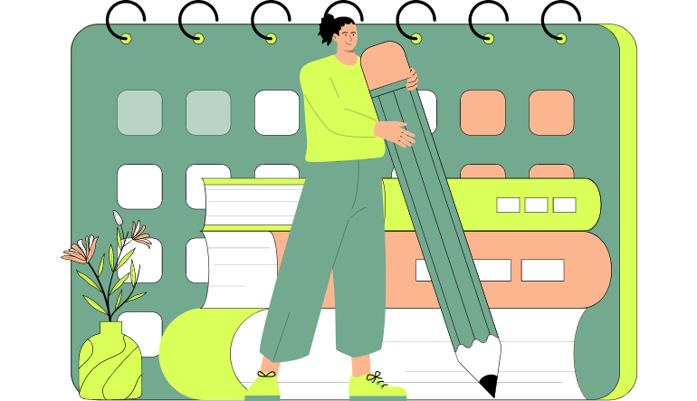 Eine Frau, welche vor einem Kalender steht und einen großen Bleistift in der Hand hält. Vor dem Kalender liegen auch mehrere Bücher und es steht ein Blumentopf.