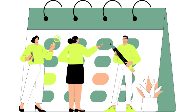 Drei Personen, welche einen Kalender betrachten und auf verschiedene Tage zeigen.