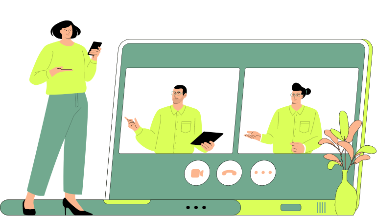 Beratungstermin vereinbaren Ein Laptop mit einem geöffneten Videocall mit zwei Teilnehmern. Vor dem Laptop steht eine Person am Smartphone, welche ebenfalls teilzunehmen scheint.