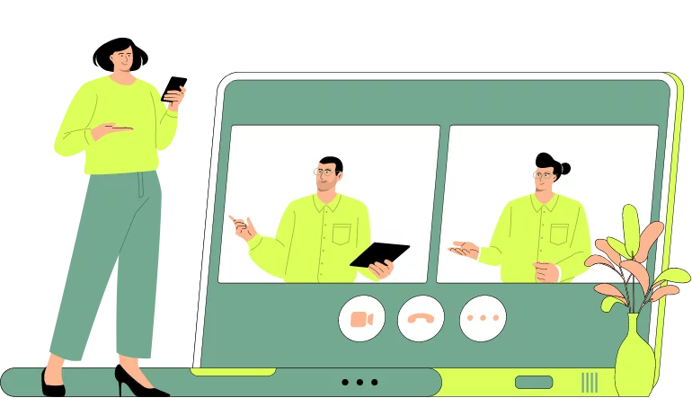 Ein Laptop mit einem geöffneten Videocall mit zwei Teilnehmern. Vor dem Laptop steht eine Person am Smartphone, welche ebenfalls teilzunehmen scheint.