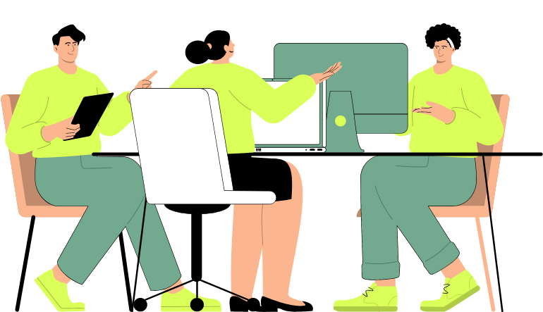 Beratungstermin vereinbaren Drei Personen, die gemeinsam an einem Arbeitstisch mit PCs und Laptops sitzen und sich beraten.