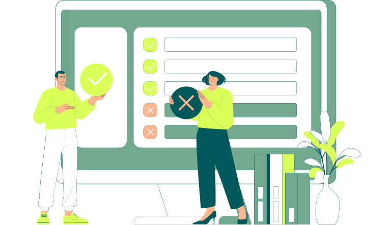 Ein Mann und eine Frau vor einem Monitor welcher einige korrekte und nicht korrekte Einträge zeigt. Die Frau hält ein "Nicht-Korrekt"-Symbol in der Hand, der Mann ein "Korrekt"-Symbol.