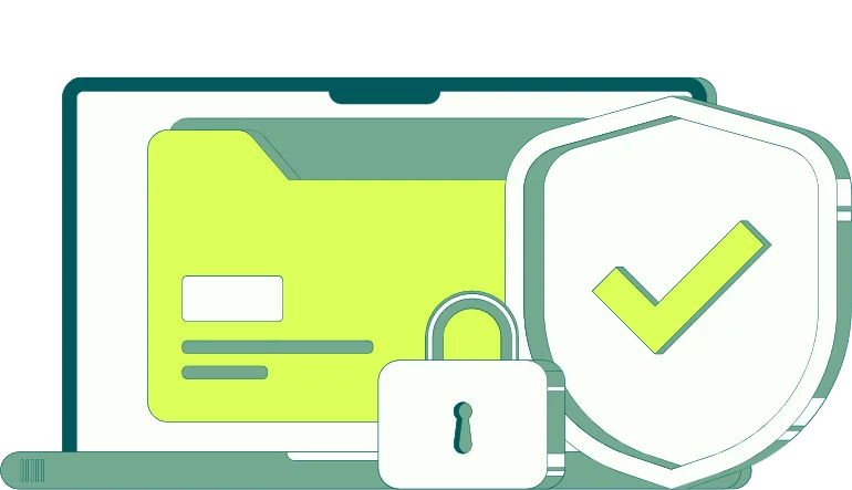 Ein Laptop, vor welchem ein großes Sicherheitsschild mit einem "Checkmark"-Häckchen und ein Vorhängeschloss stehen.