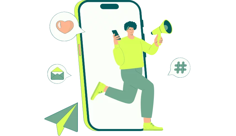 Ein Mann, welcher aus einem Smartphone herausragt und ein Megaphone in der Hand hält. Um das Smartphone herum befinden sich Symbole wie Social Media-Herzen, Hashtags, eine E-Mail und ein Telegram-Papierflieger.q