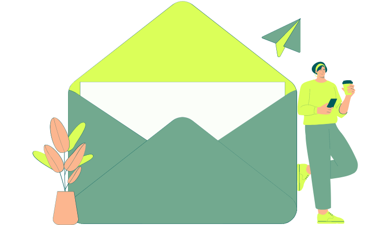 Illustration eines geöffneten Briefs mit einem Mann und einer Blume daneben.